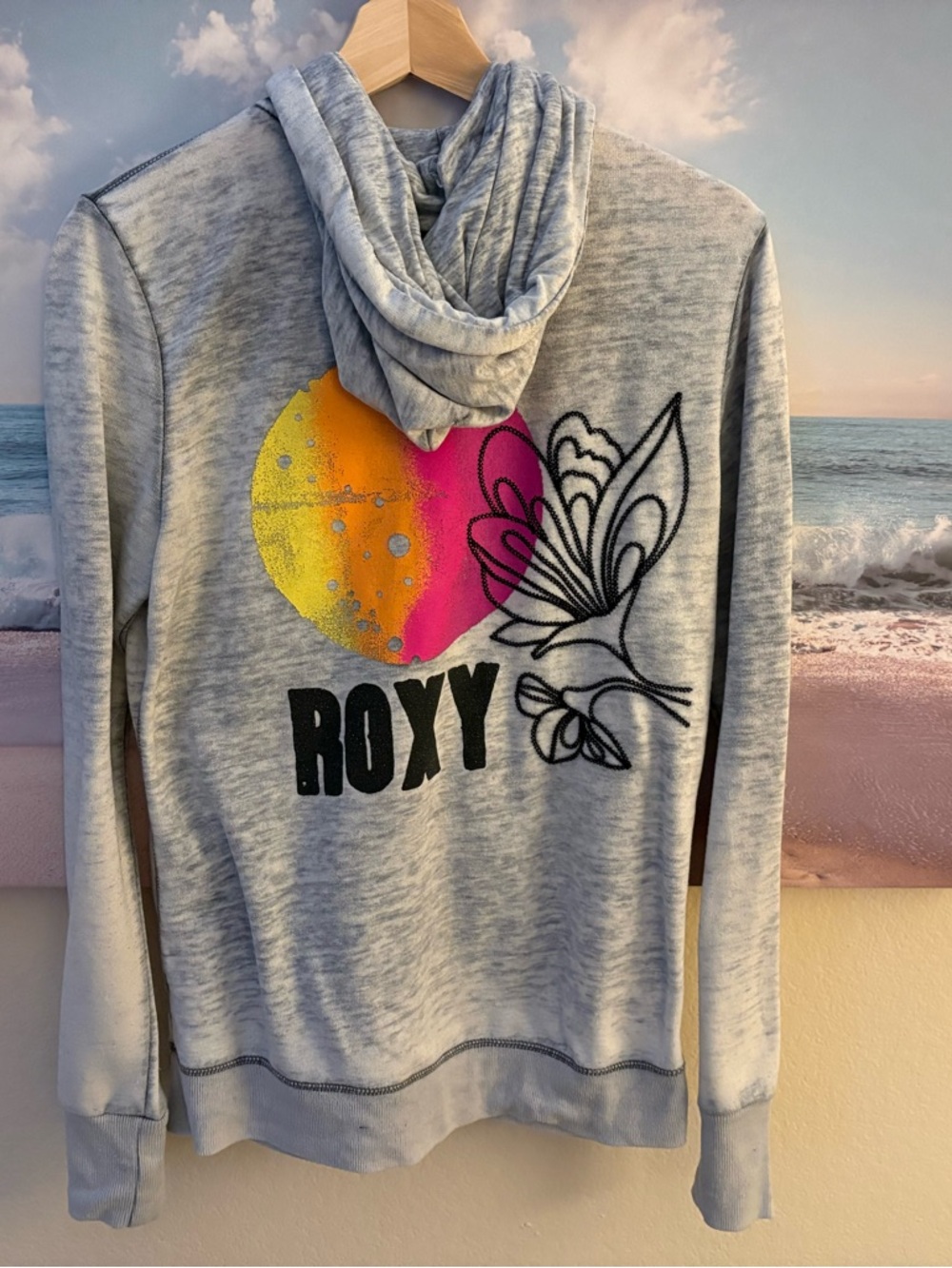 Roxy Gray Zip Up Hoodie Graphic Logo Lightweight Jacket Size Large